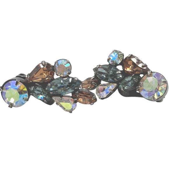Vintage Weiss Multicolor Rhinestone Clip On Earrings Elegant Cocktail Jewelry - Picture 5 of 11